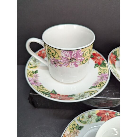 Home Essentials Stoneware Poinsettia Scroll Flat Cup and Saucer Sets Lot of 3 - Picture 5 of 9